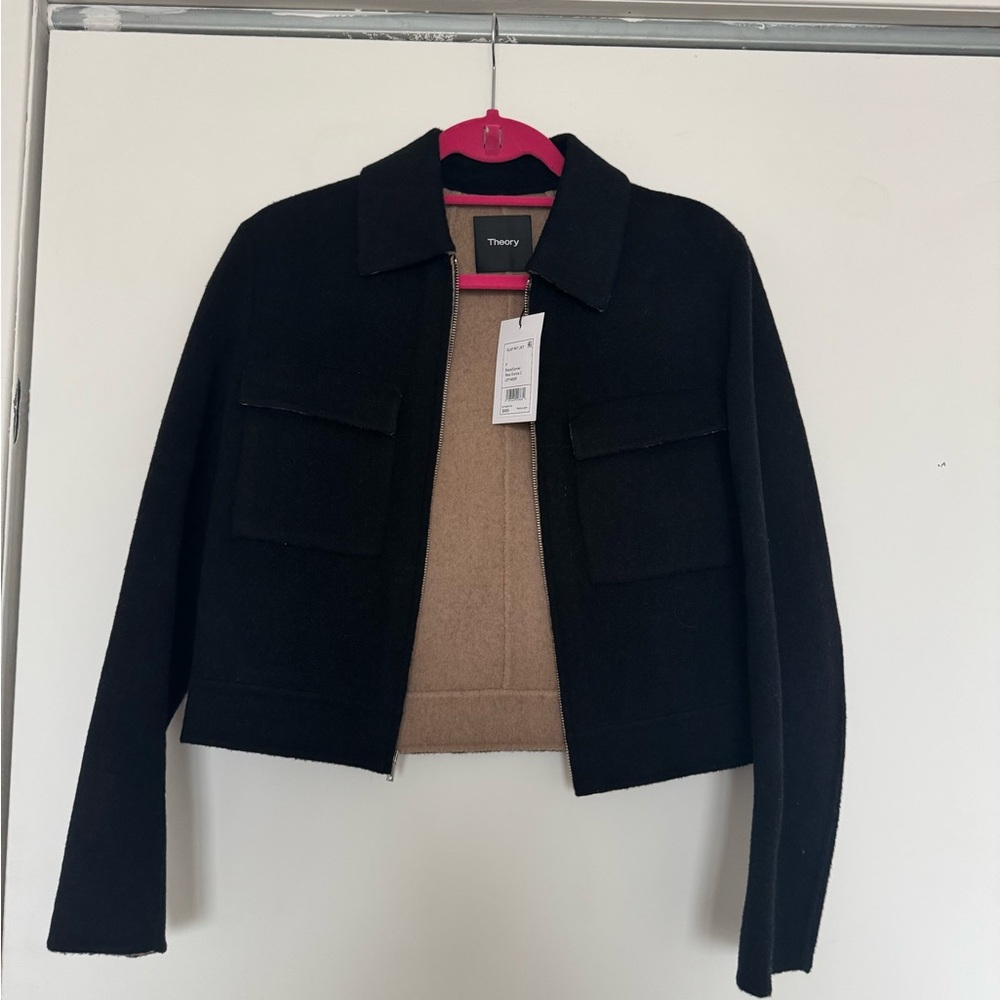 Theory Black/Camel New Divide Wool-Cashmere Flap Pocket Jacket, size XS/P NWT